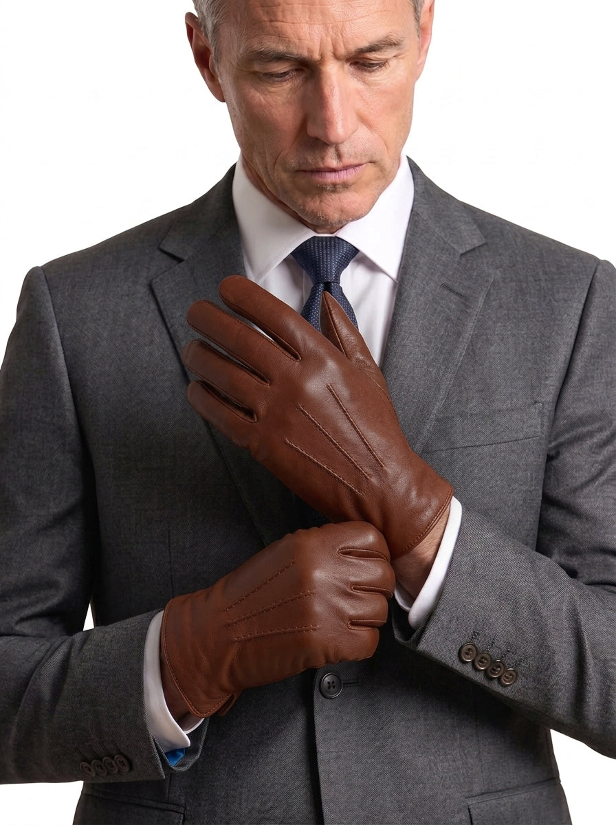 Guanto in vera pelle da uomo 3 stripes marrone foderato montone