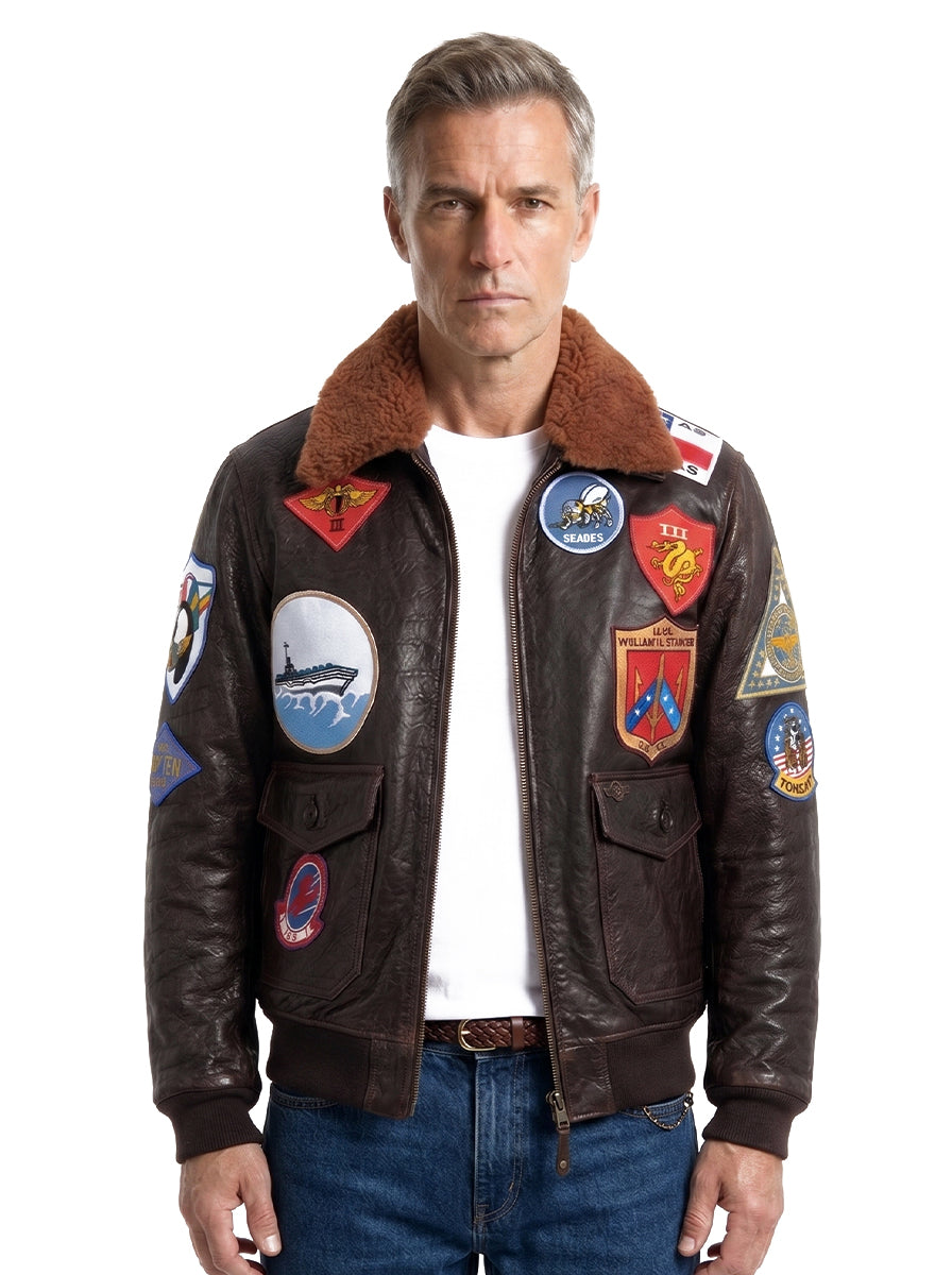 Giacca in vera pelle con zip uomo con toppe e collo in montone TOP GUN
