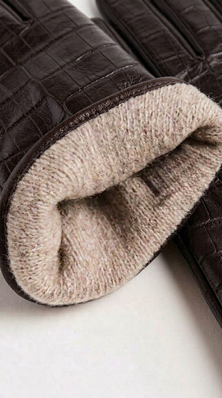 Guanto in vera pelle da donna testa di moro stampa coccodrillo foderato in cashmire