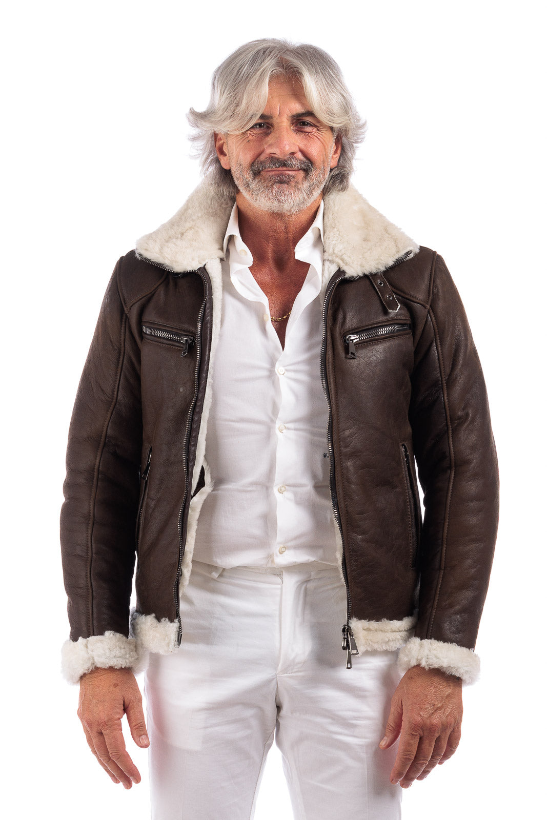 Bomber 77 in montone marrone pelo bianco con zip