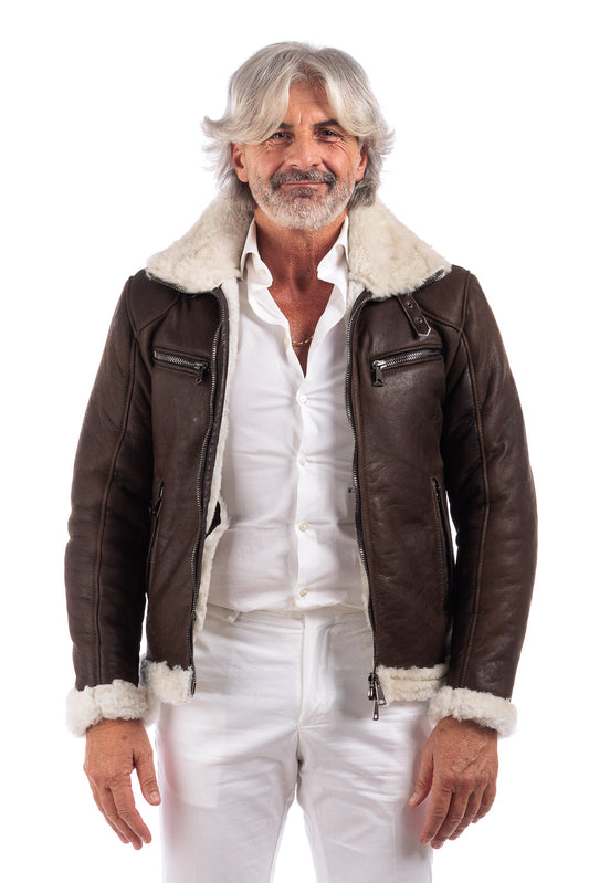 Bomber 77 in montone marrone pelo bianco con zip