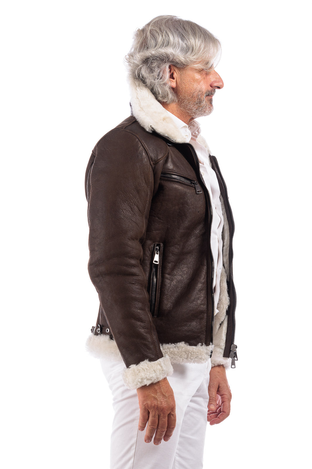 Bomber 77 in montone marrone pelo bianco con zip