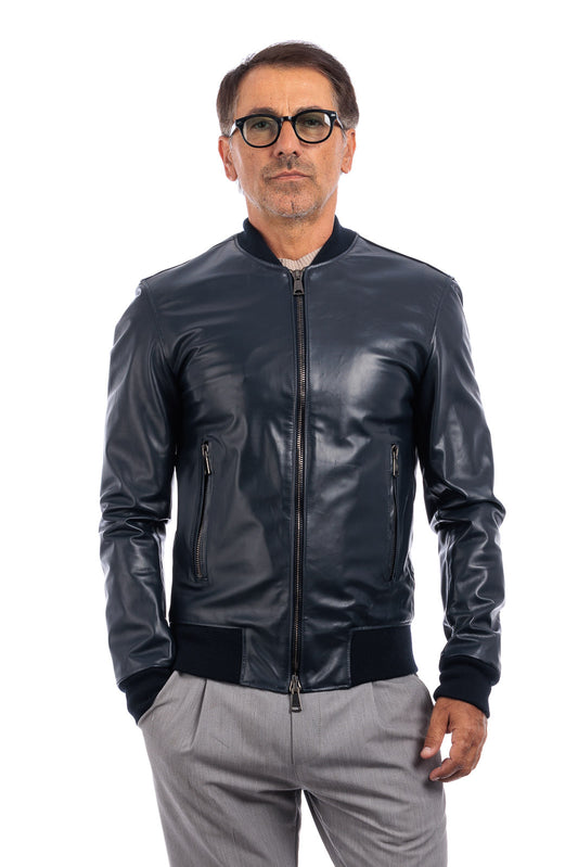 Bomber in pelle con zip GP blu