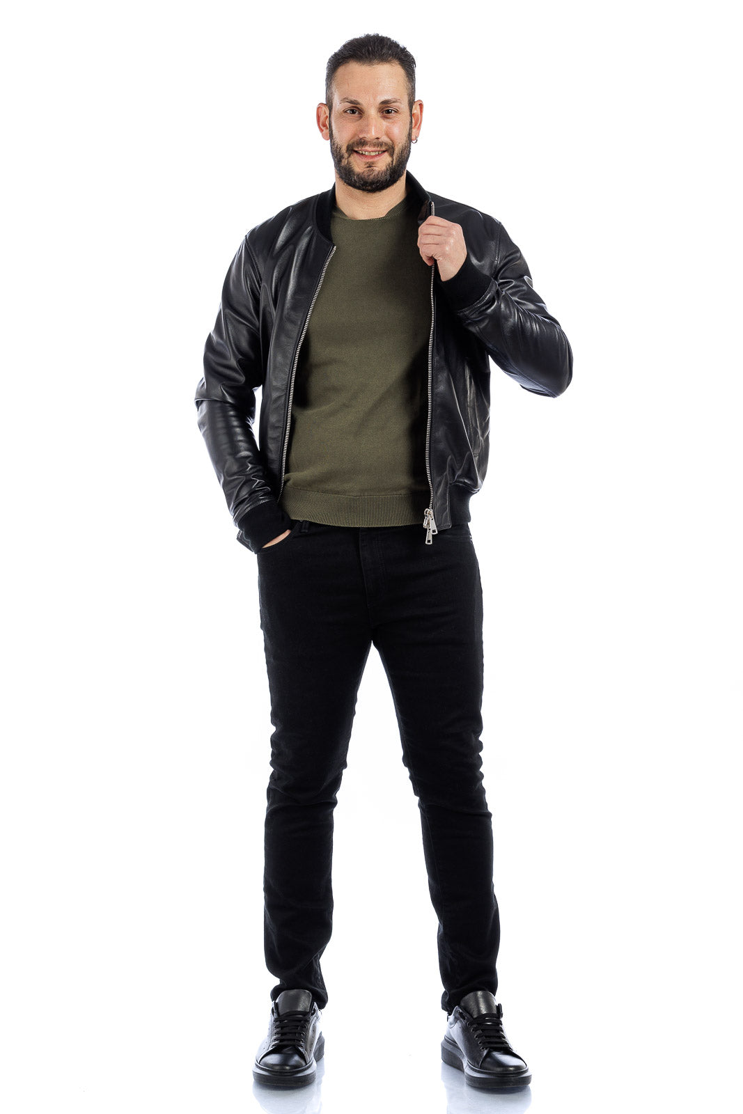 Bomber in pelle con zip GP nero