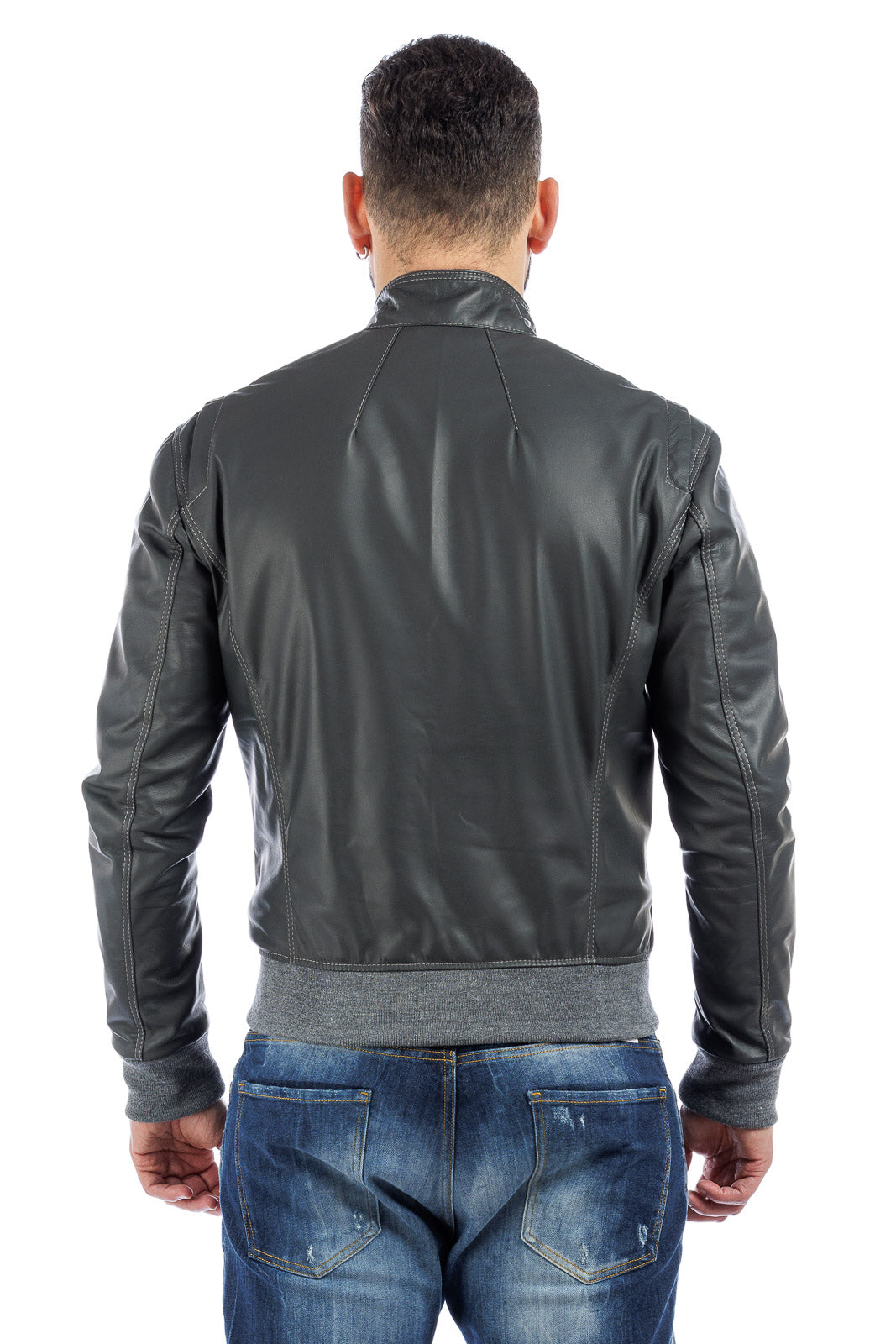 Bomber in pelle con zip grigio STE 2