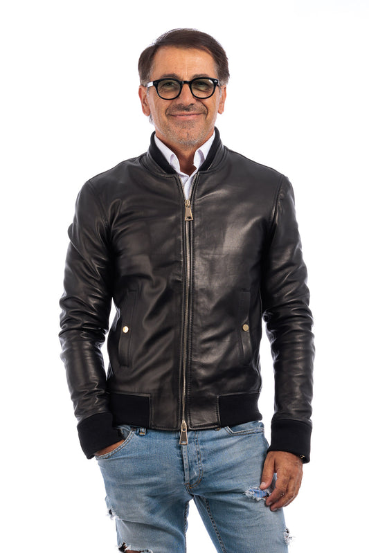 Bomber in pelle con zip nero monza