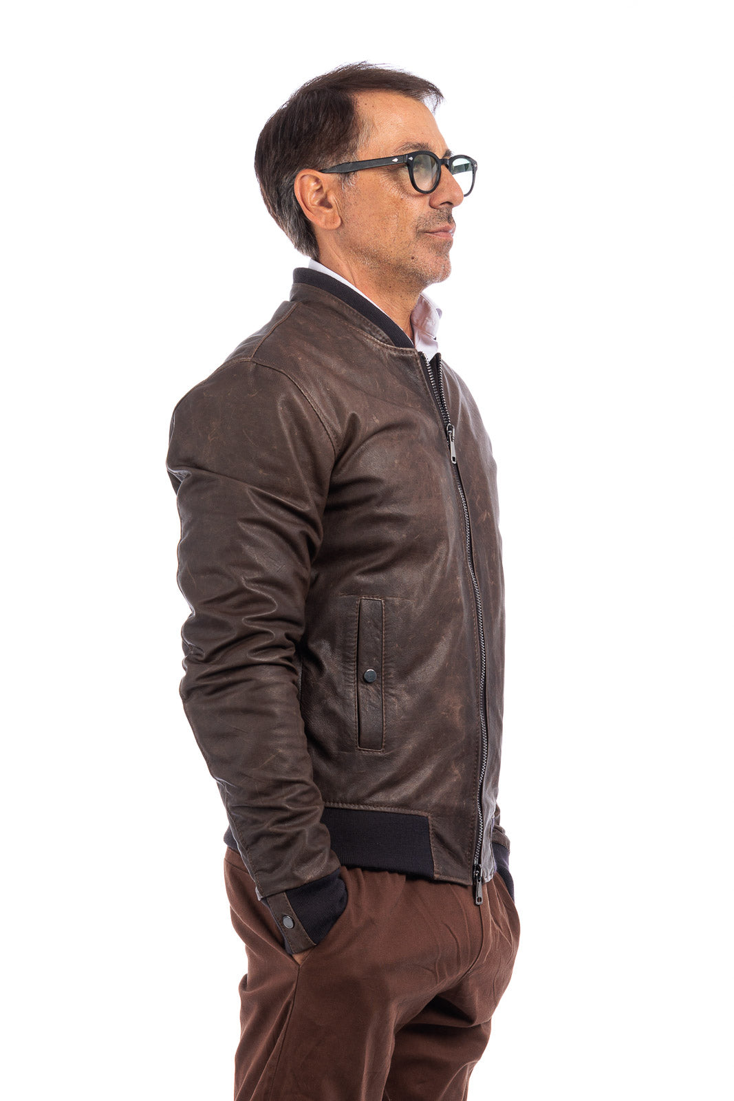 Bomber in pelle con zip monza testa di moro scrivente