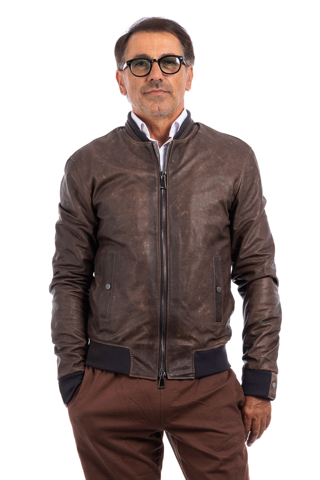 Bomber in pelle con zip monza testa di moro scrivente