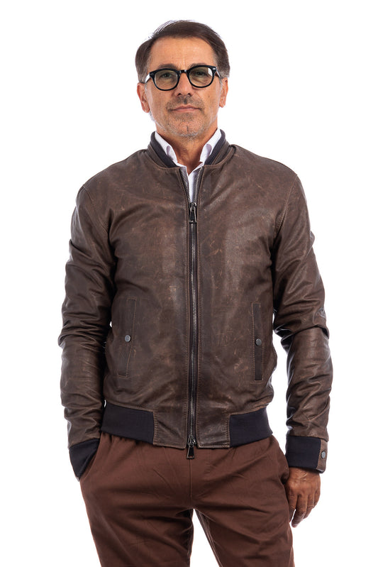Bomber in pelle con zip monza testa di moro scrivente