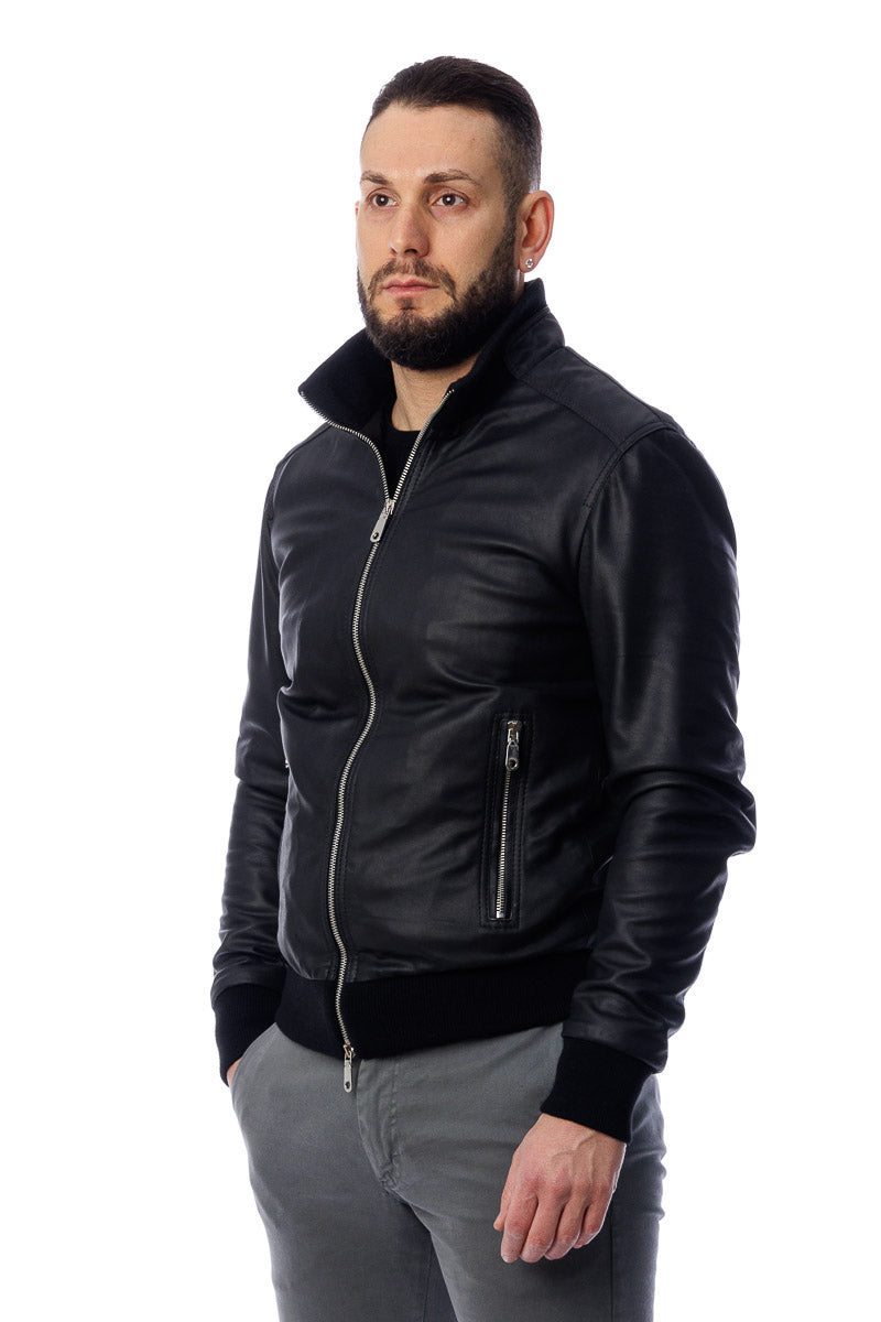 Bomber in pelle con zip POLO nero