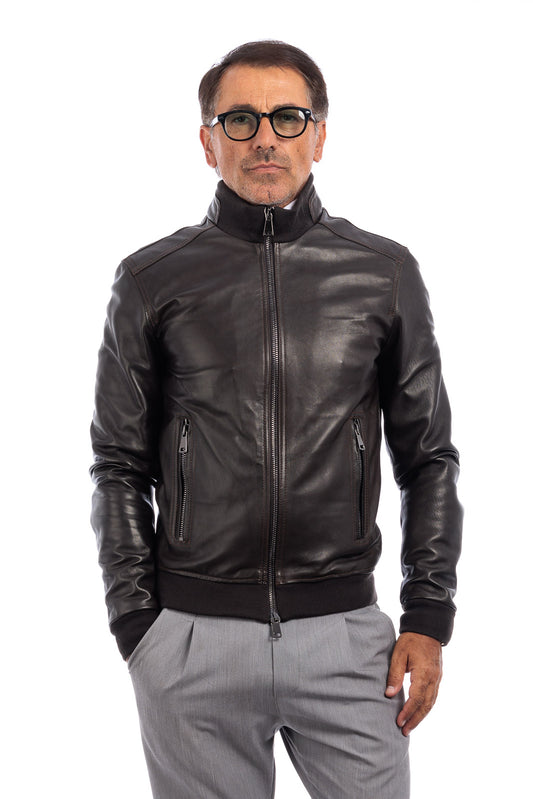 Bomber in pelle con zip POLO testa di moro Elasticizzato