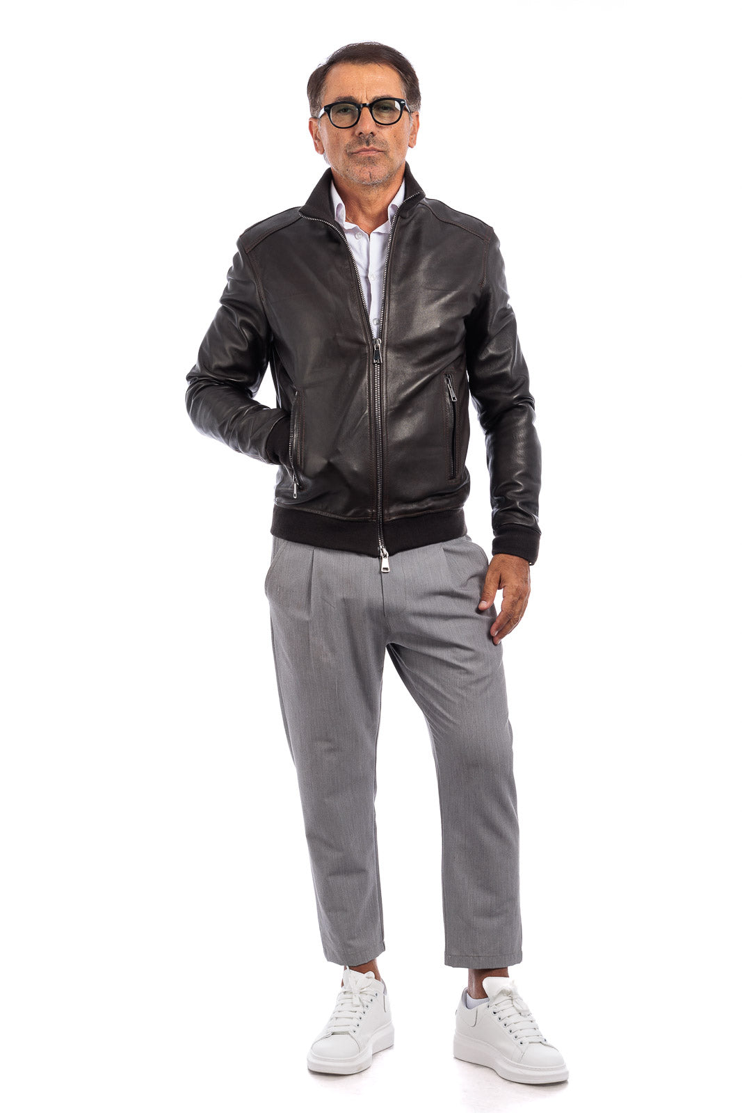 Bomber in pelle con zip POLO testa di moro Elasticizzato