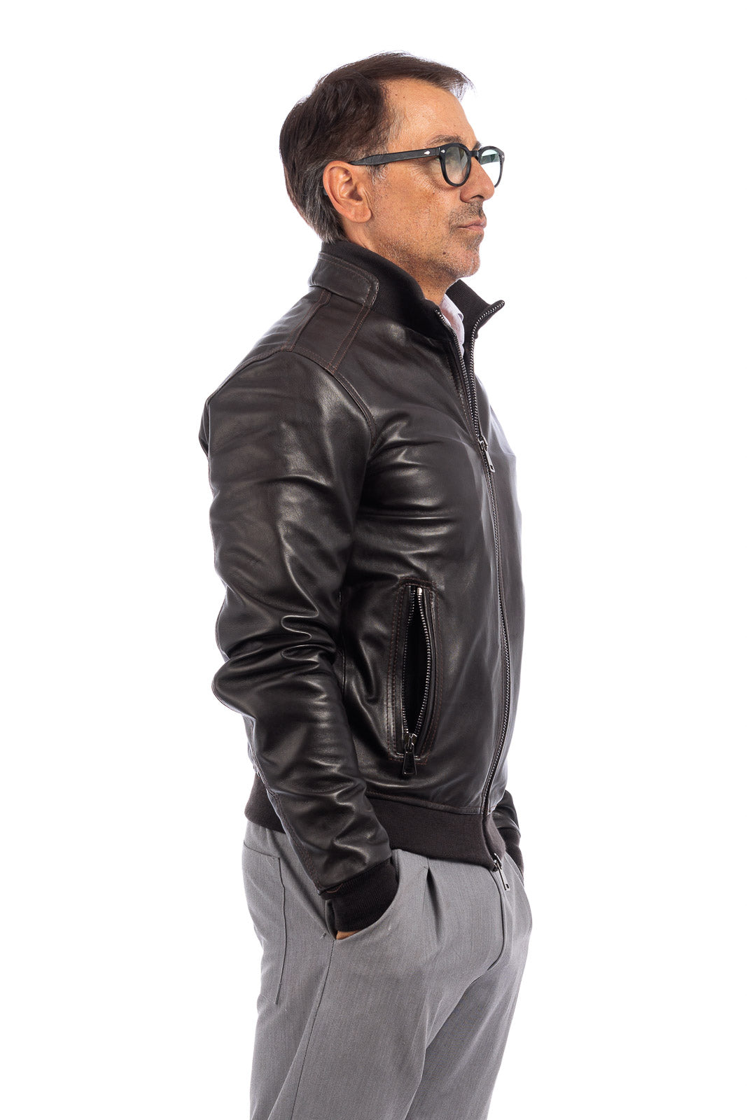 Bomber in pelle con zip POLO testa di moro Elasticizzato