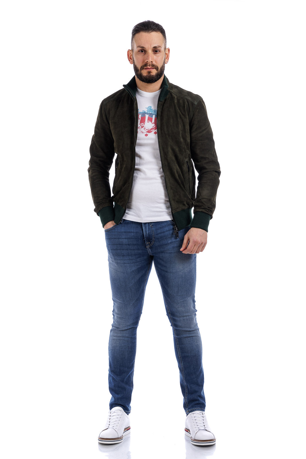 Bomber verde in camoscio di renna uomo con zip NUV