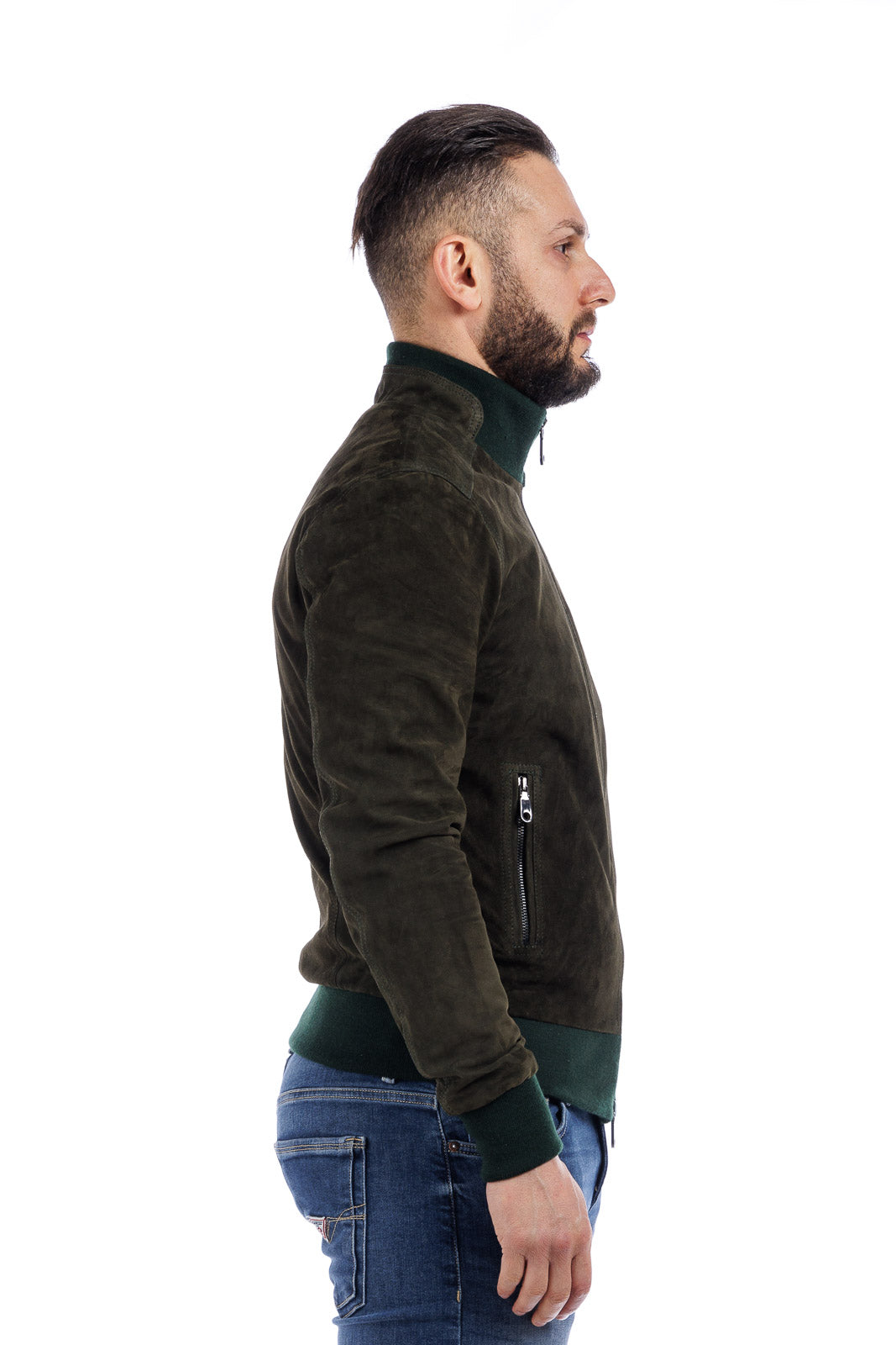 Bomber verde in camoscio di renna uomo con zip NUV