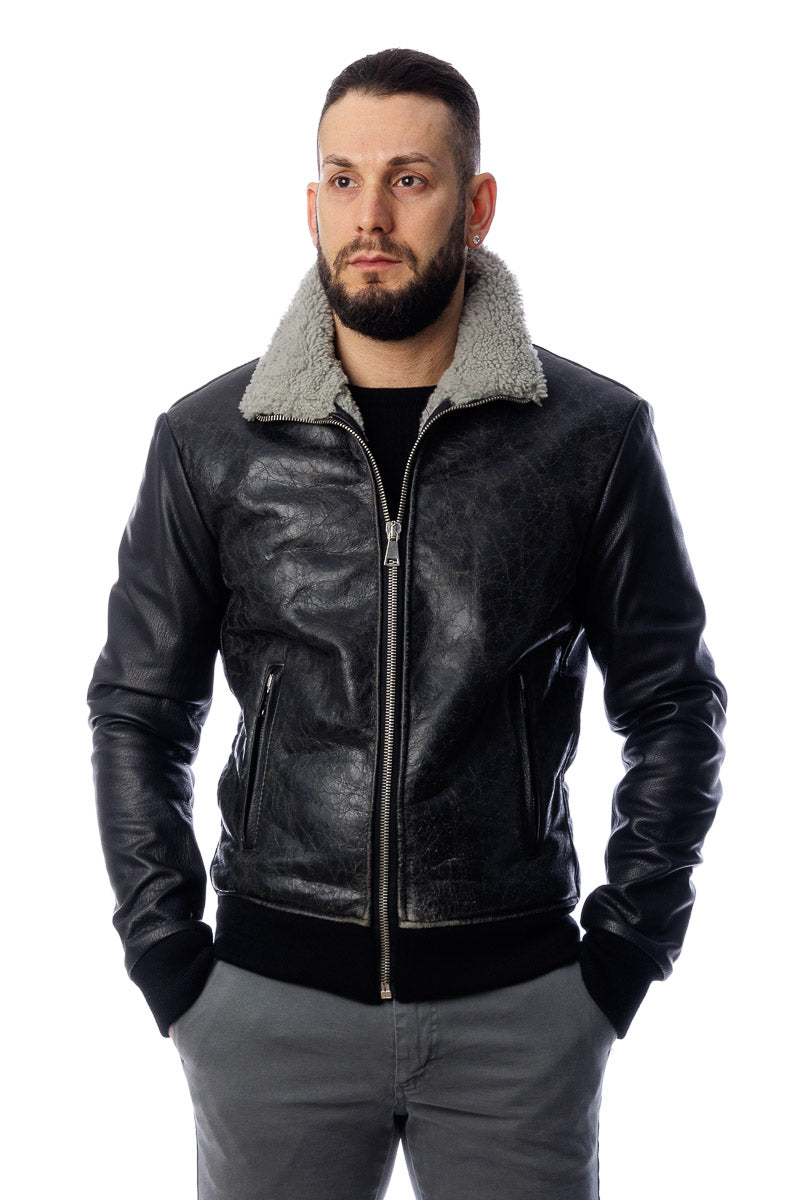 Bomber montone uomo Shearling con zip pelo grigio
