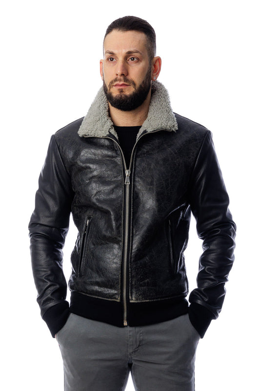 Bomber montone uomo Shearling con zip pelo grigio