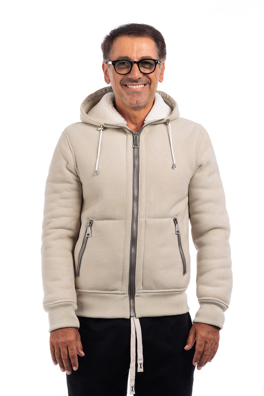 Bomber interamente in montone idrorepellente sabbia pelo bianco uomo con zip