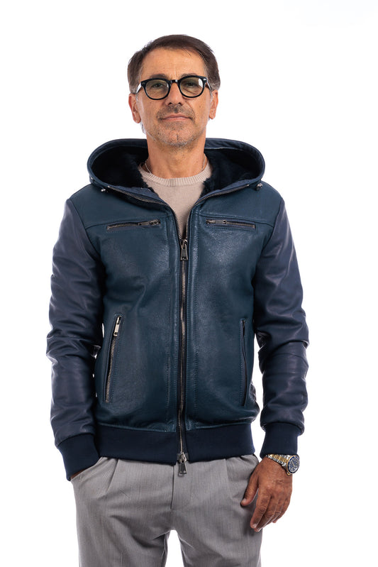 Bomber montone blu pelo nero uomo con zip e taschino