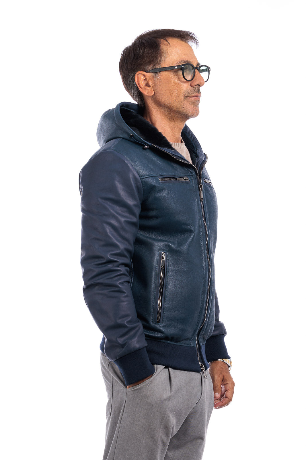 Bomber montone blu pelo nero uomo con zip e taschino