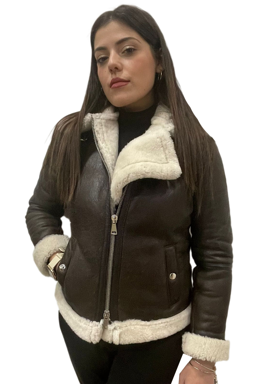 Bomber montone pelo bianco donna con zip aviatore ADRIANA B3