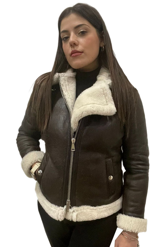 Bomber montone pelo bianco donna con zip aviatore ADRIANA B3