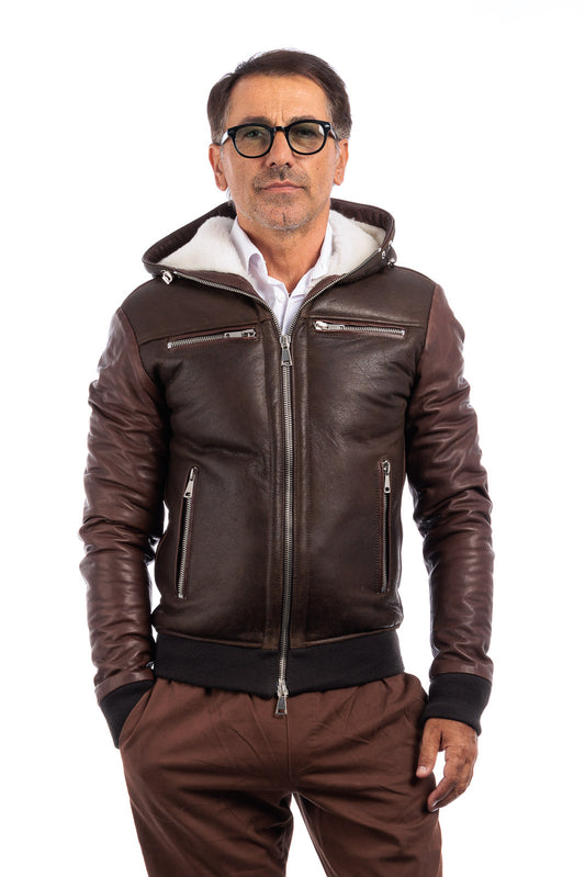 Bomber montone pelo bianco uomo con zip e taschino