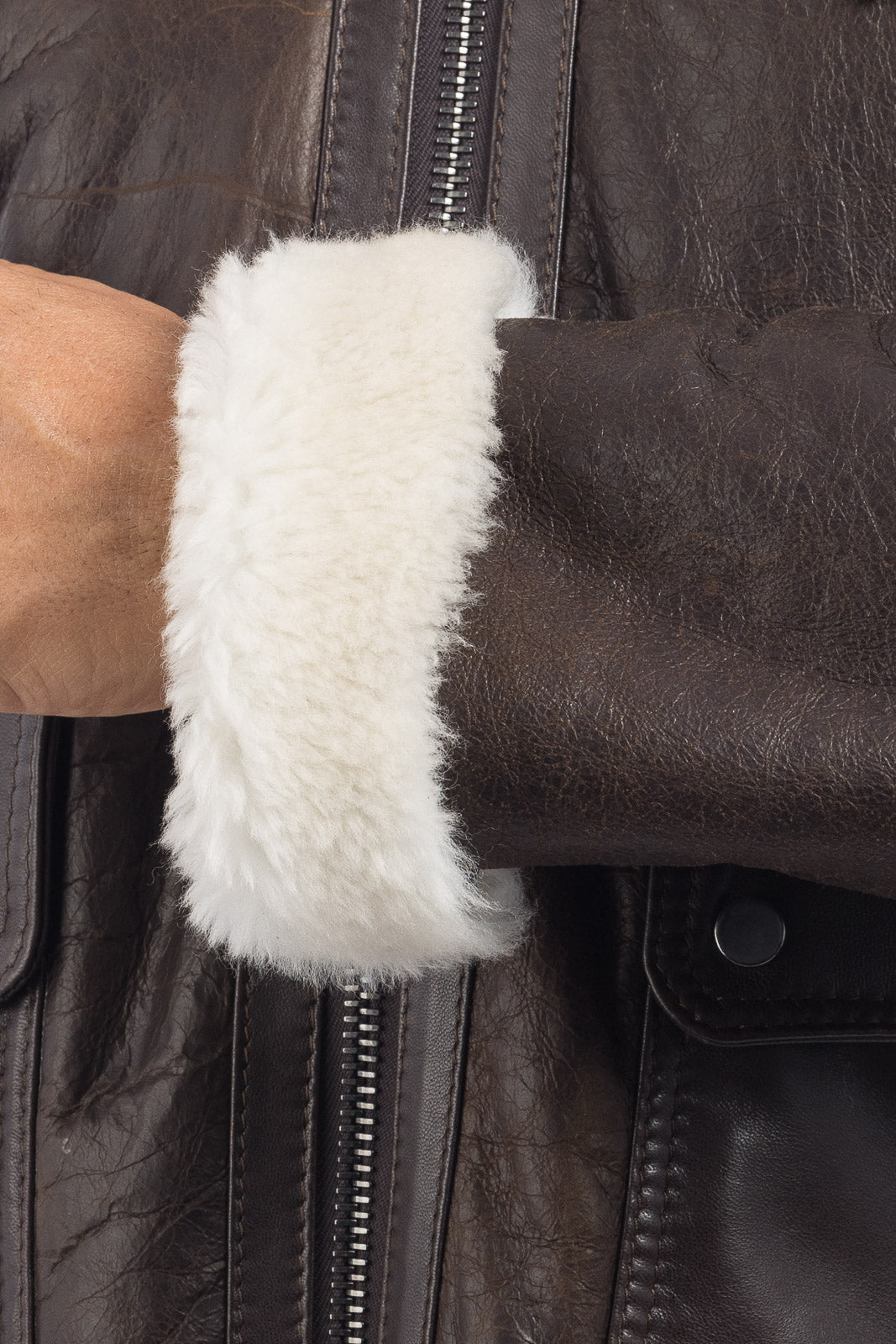 Bomber montone pelo bianco uomo con zip aviatore B4
