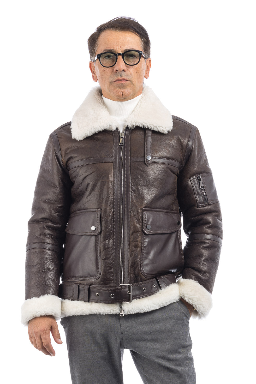 Bomber montone pelo bianco uomo con zip aviatore B4