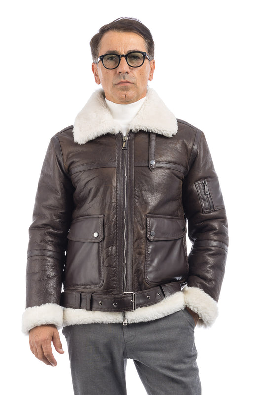 Bomber montone pelo bianco uomo con zip aviatore B4