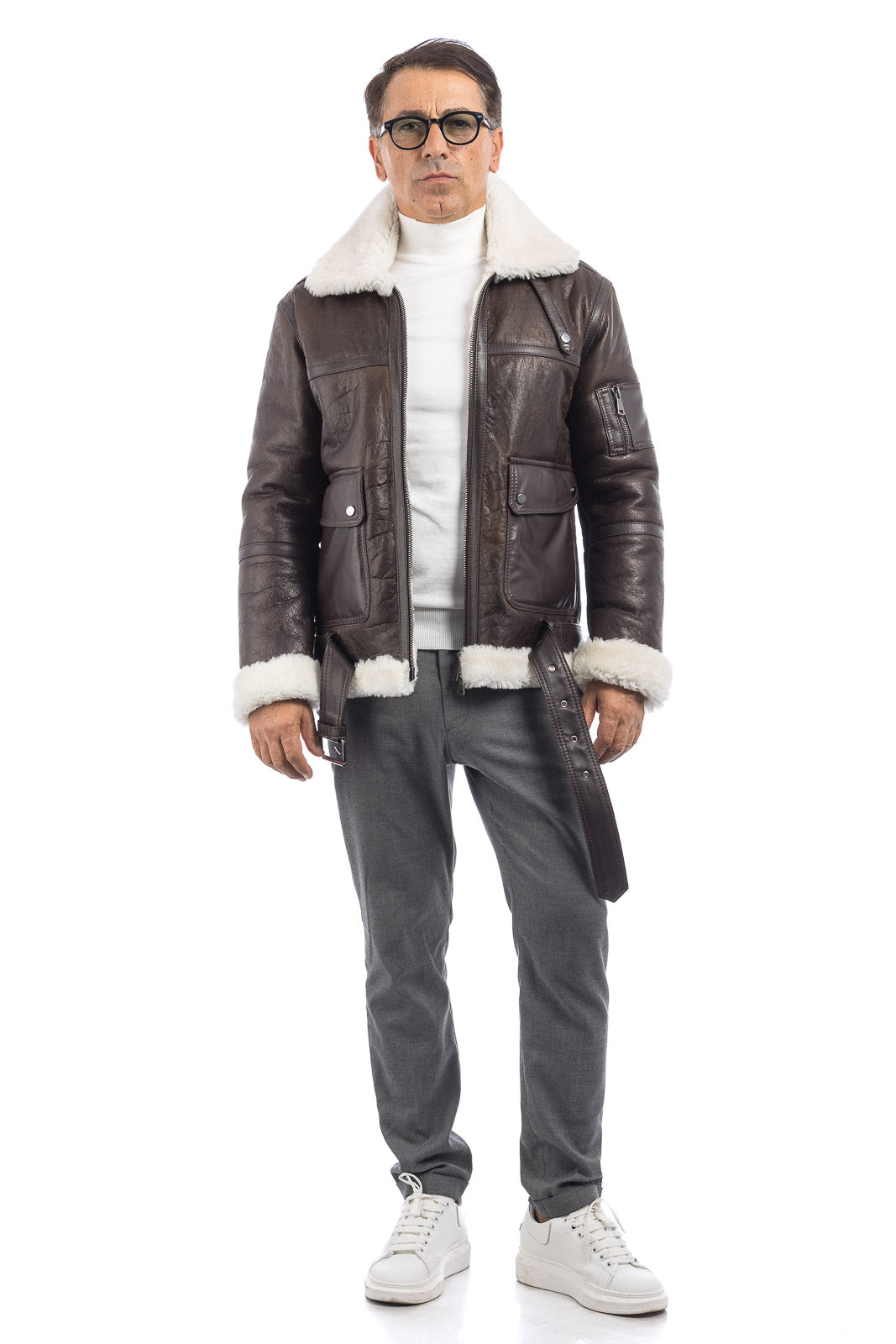 Bomber montone pelo bianco uomo con zip aviatore B4