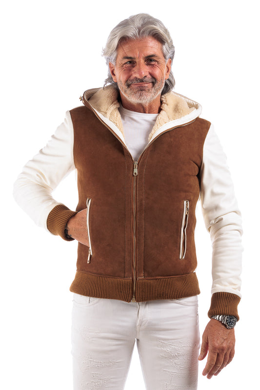 Bomber montone scamosciato marrone con pelo panna con cappuccio uomo
