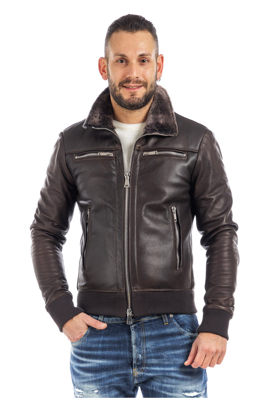 Bomber montone shearling uomo testa di moro con pelo brisee