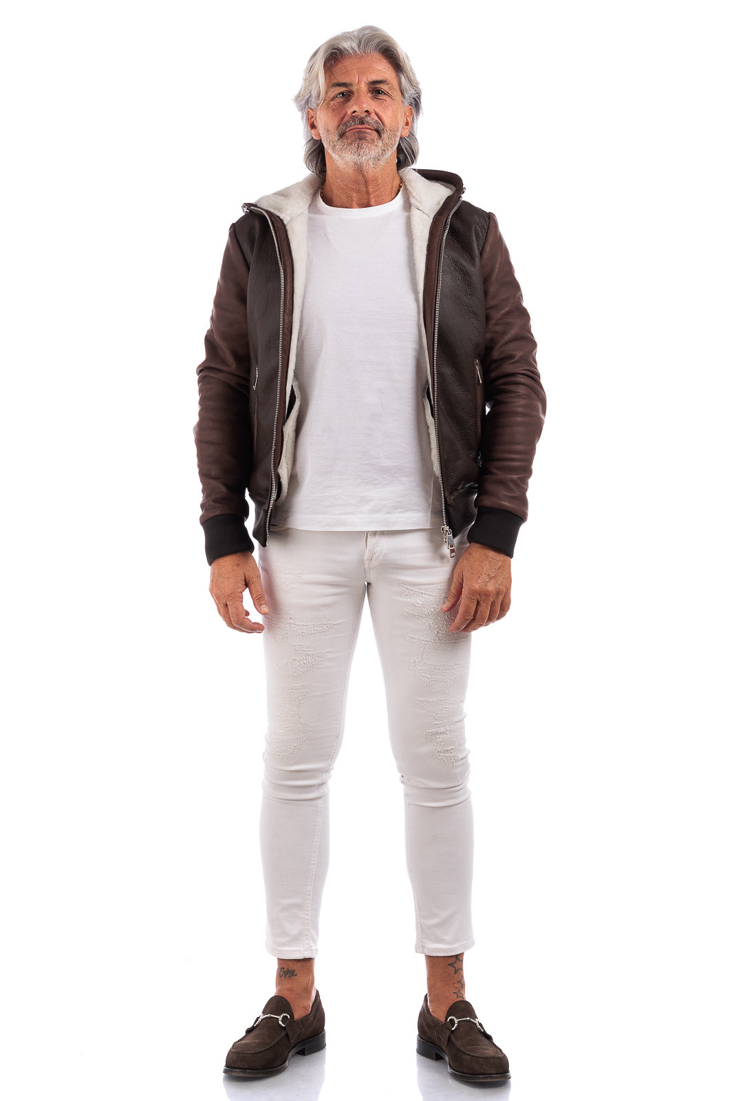 Bomber montone testa di moro pelo bianco uomo con zip