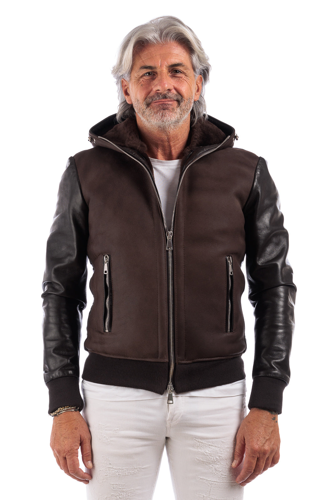 Bomber montone testa di moro pelo marrone uomo con zip