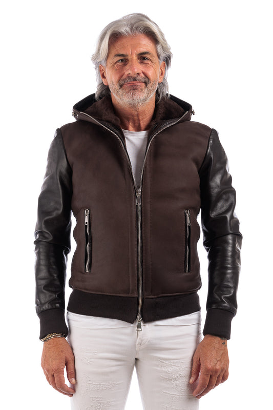 Bomber montone testa di moro pelo marrone uomo con zip