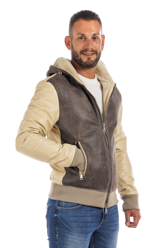 Bomber montone uomo Shearling marrone e panna con cappuccio