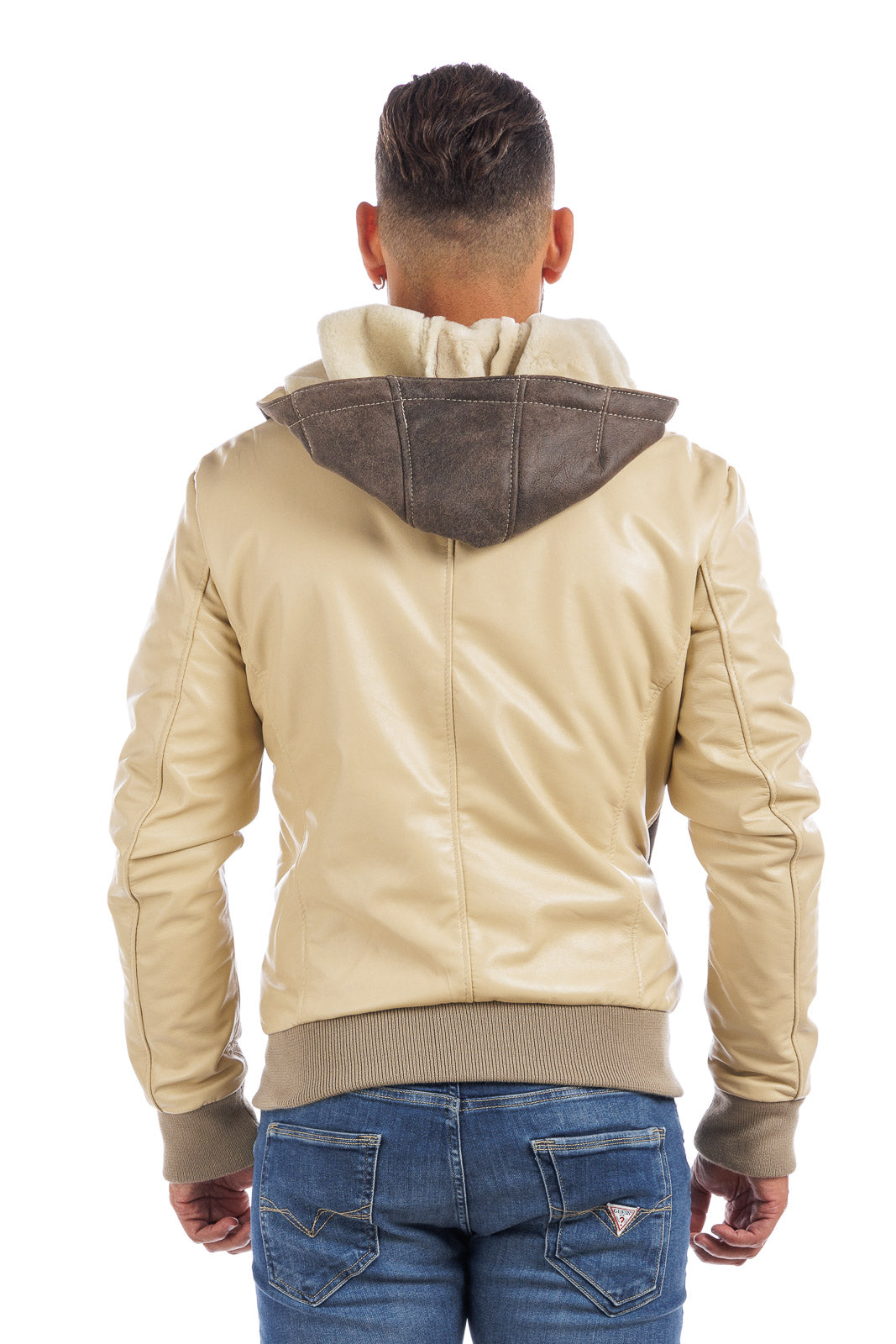 Bomber montone uomo Shearling marrone e panna con cappuccio