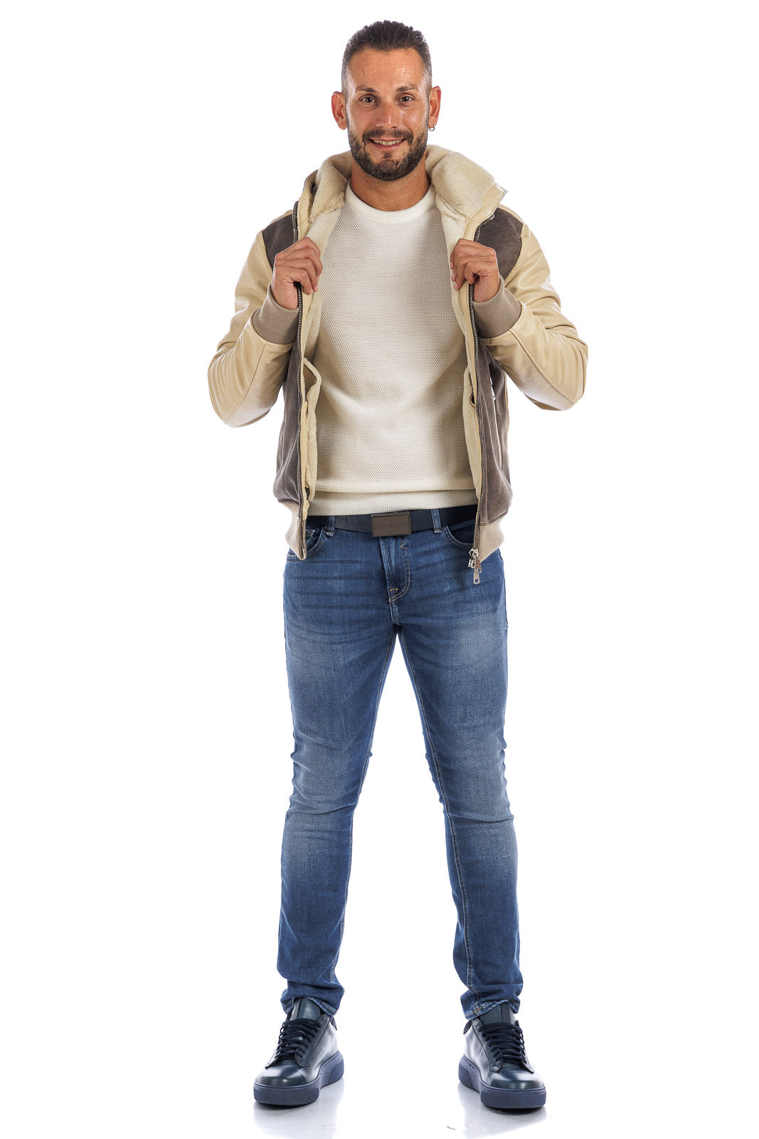 Bomber montone uomo Shearling marrone e panna con cappuccio