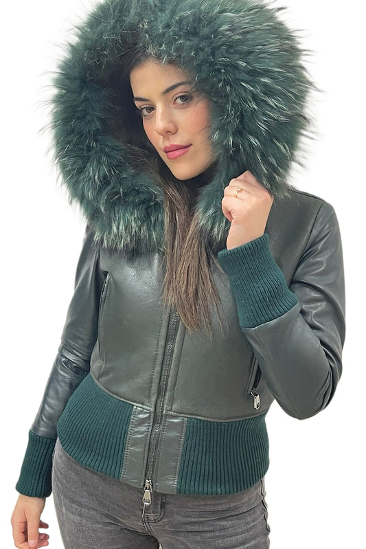 Bomber montone verde donna con zip e cappuccio
