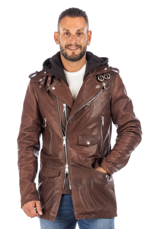 Cappottino chiodo in vera pelle uomo con zip marrone