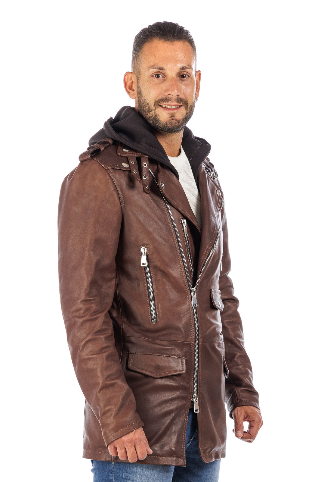 Cappottino chiodo in vera pelle uomo con zip marrone
