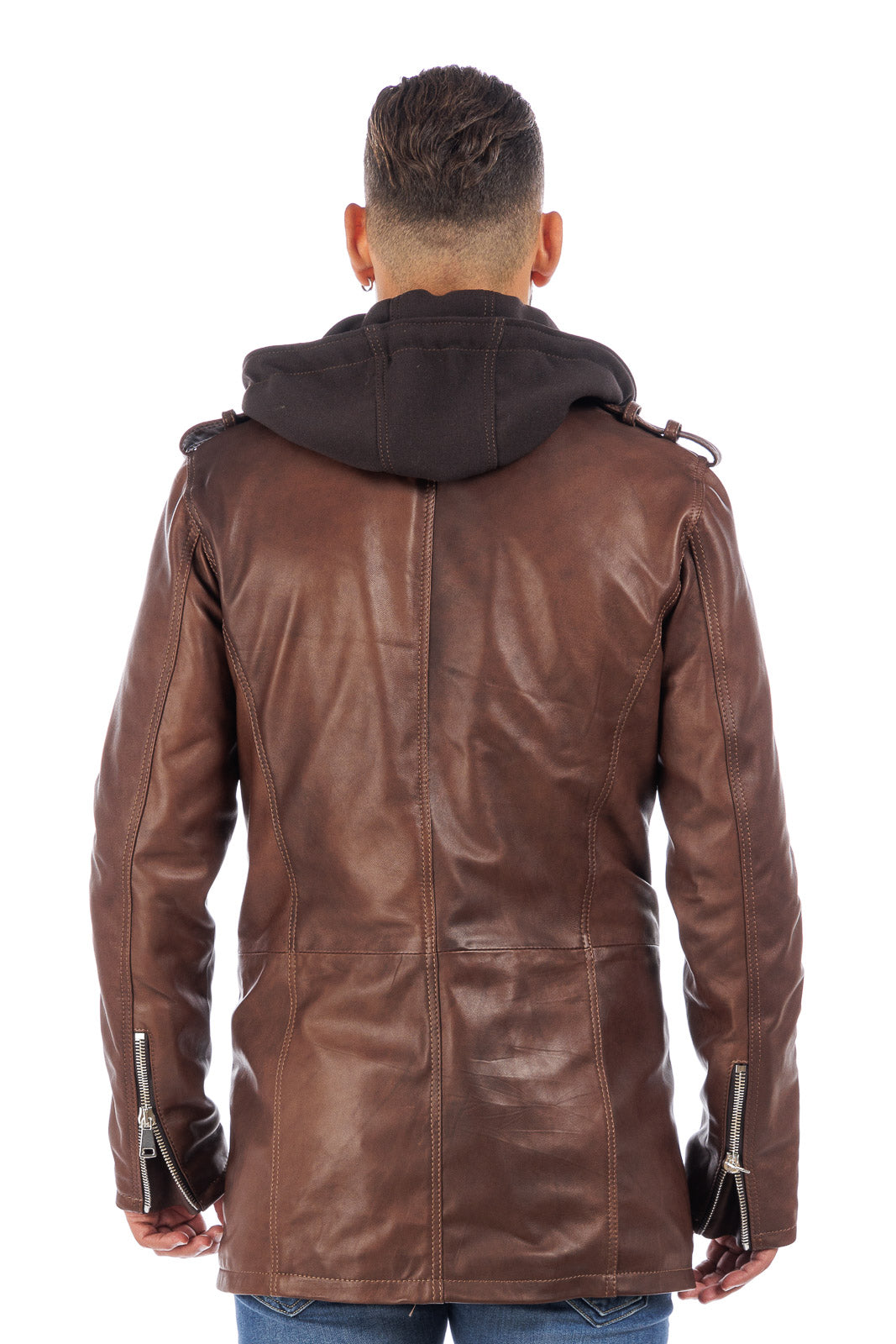 Cappottino chiodo in vera pelle uomo con zip marrone