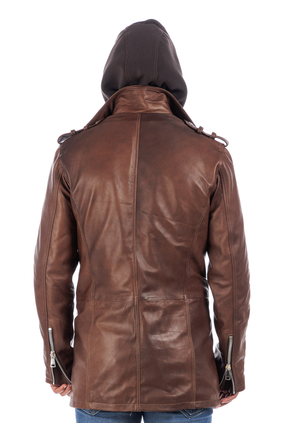 Cappottino chiodo in vera pelle uomo con zip marrone