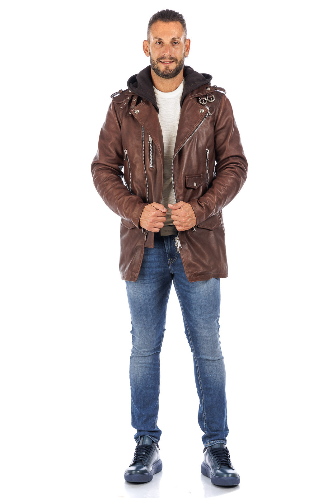 Cappottino chiodo in vera pelle uomo con zip marrone