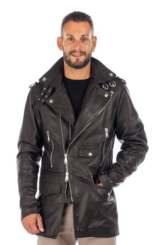 Cappottino chiodo in vera pelle uomo con zip nero