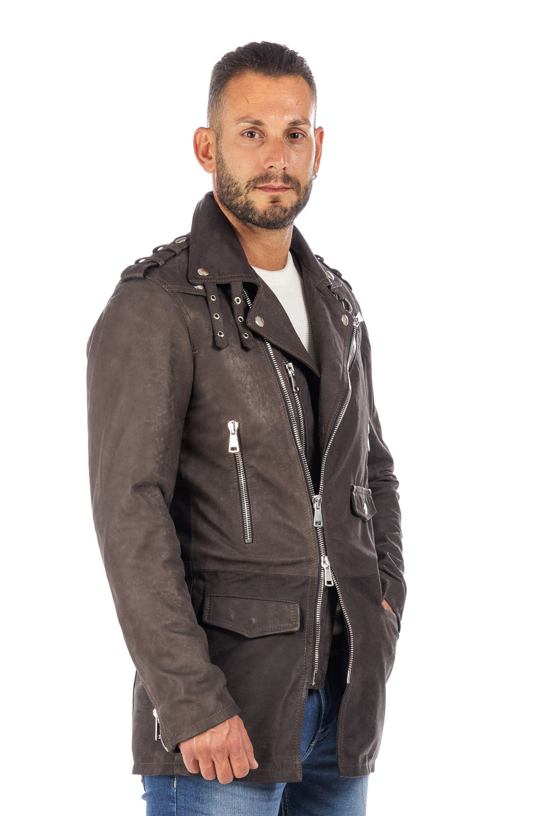 Cappottino chiodo in vera pelle uomo con zip testa di moro