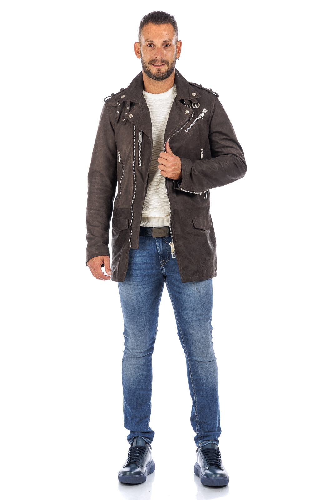 Cappottino chiodo in vera pelle uomo con zip testa di moro