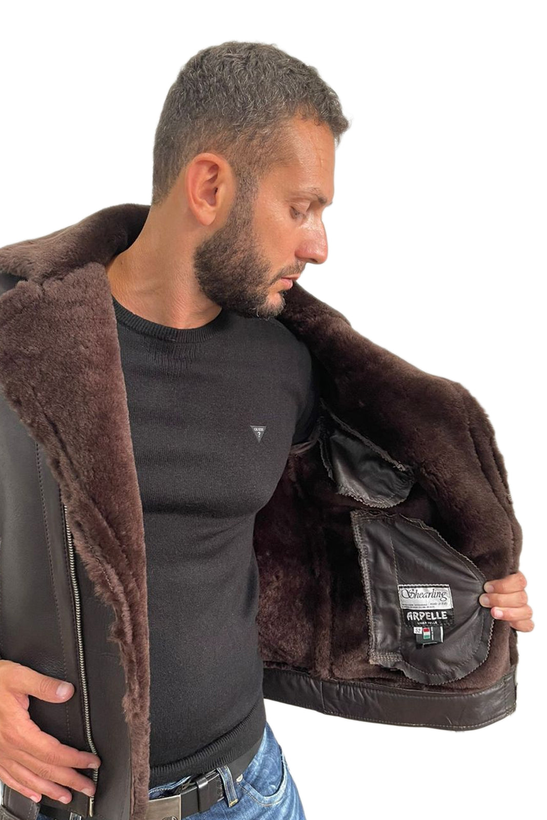 Chiodo montone con maniche in pelle uomo con zip