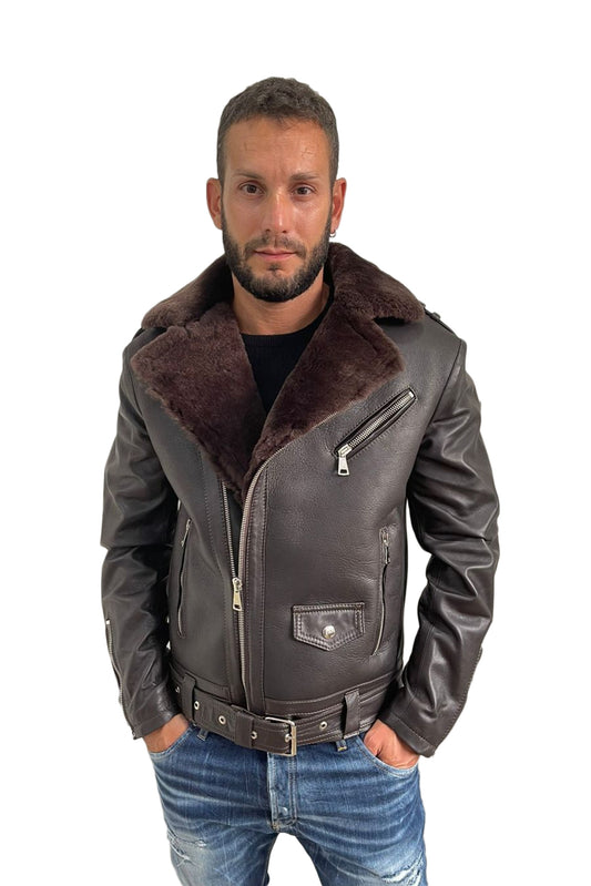 Chiodo montone con maniche in pelle uomo con zip